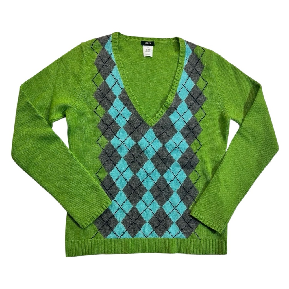 Vintage J.Crew Argyle Sweater V-Neck Green Blue Wool Cashmere Medium Preppy